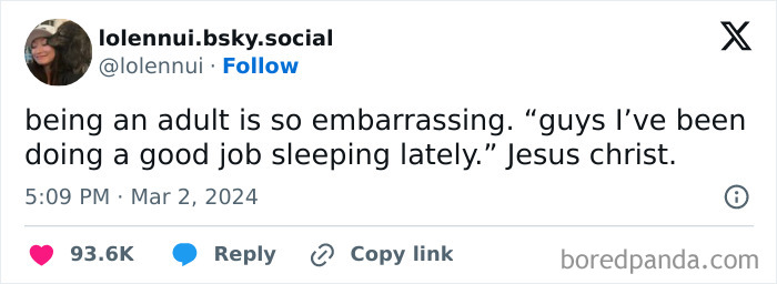 Tweet about the embarrassing aspects of adulthood with humorous text, shared on social media.