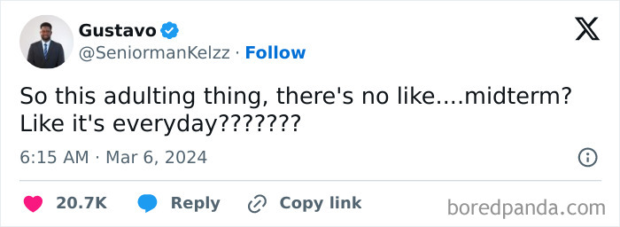Tweet humorously questioning adulthood as an everyday responsibility.