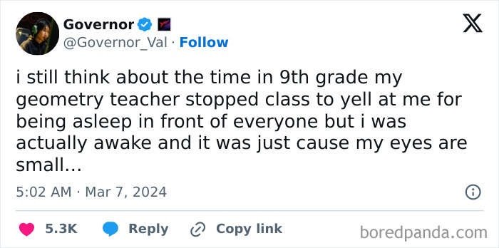 Tweet about a bad experience with an infuriating geometry teacher in 9th grade.