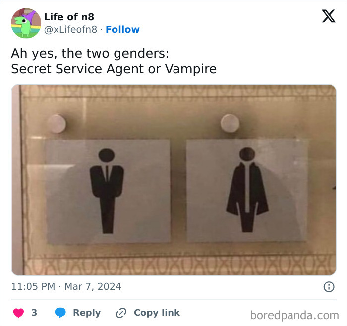Random meme showing two figures, one resembling a secret service agent and the other a vampire.