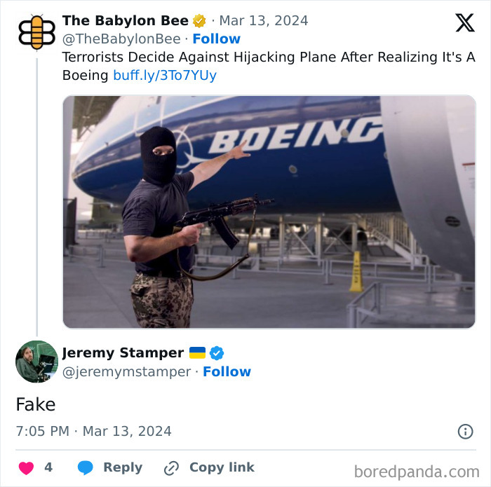 Masked man in front of a Boeing aircraft in a satirical post, labeled "Fake" by Jeremy Stamper, depicting satirical news headline.