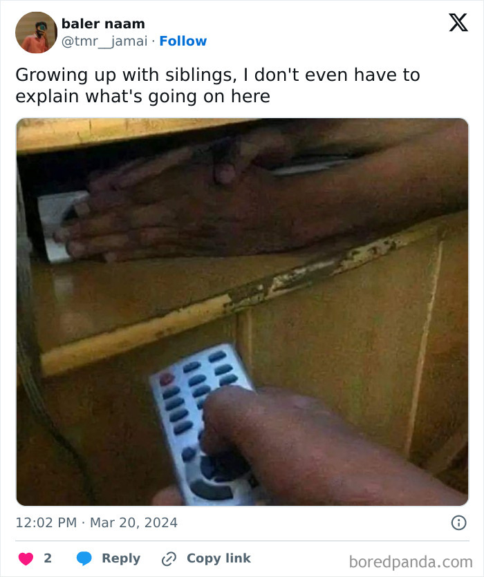 A hand playfully blocks a TV sensor with another hand holding a remote; a random meme captures sibling antics.