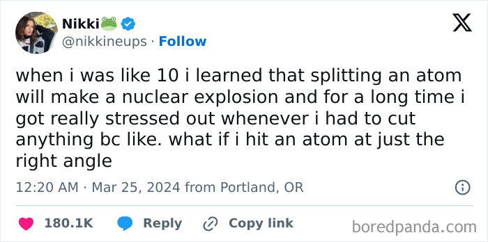 Tweet showcasing peak internet humor about childhood fear of splitting an atom causing an explosion.