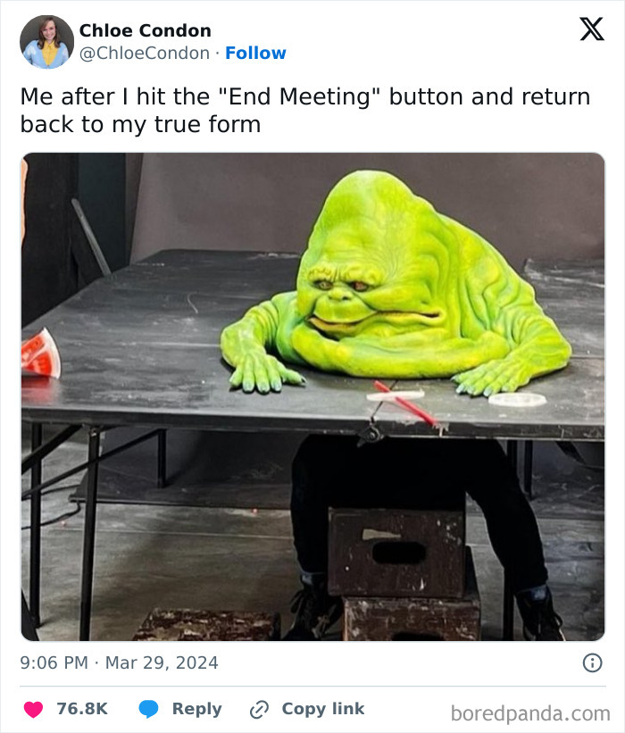 Humorous resources meme showing a green creature under a table after a virtual meeting.