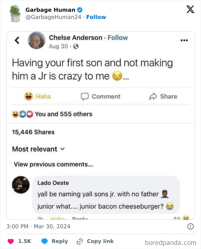 Social media post with a hilarious clever comeback about naming sons "Jr" without a father's name.