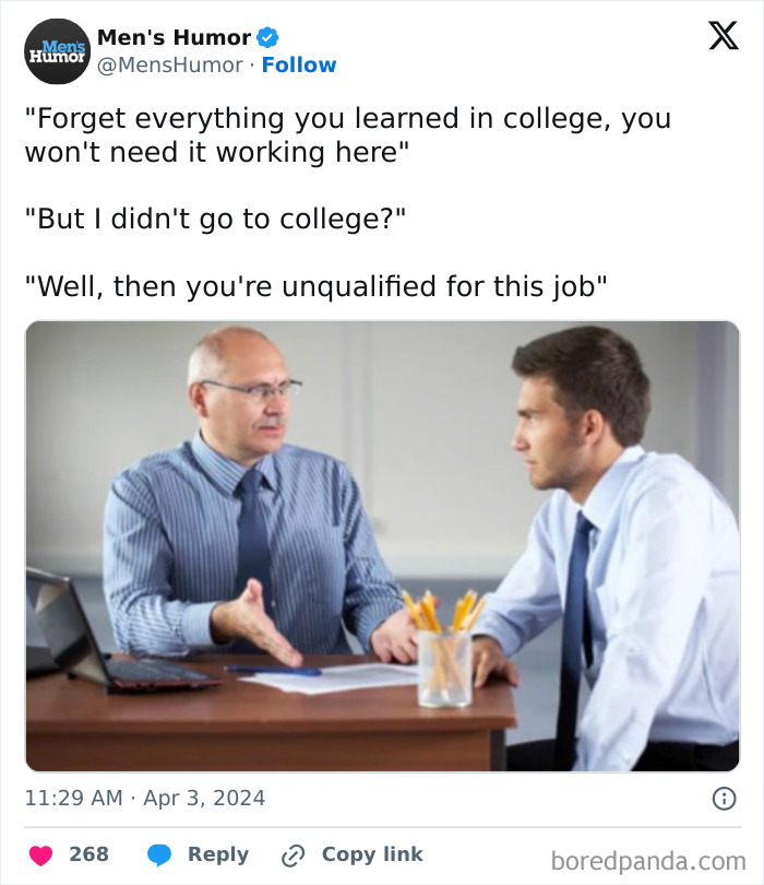 Two men in an office having a humorous job interview, exemplifying peak internet humor.