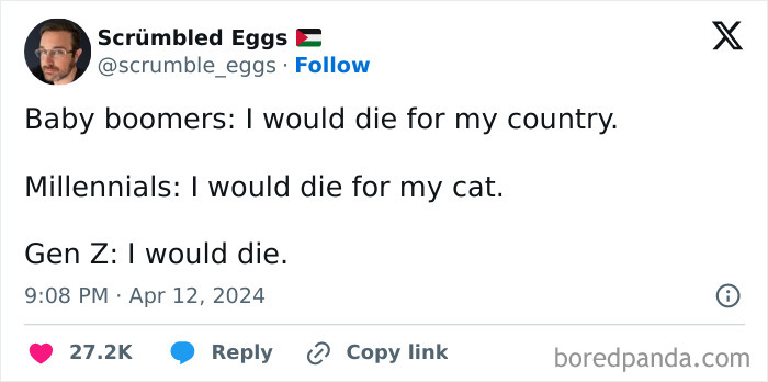 Tweet by Scrümble Eggs humorously contrasts generational attitudes, related to "nerds" and their distinct perspectives on life and sacrifice.