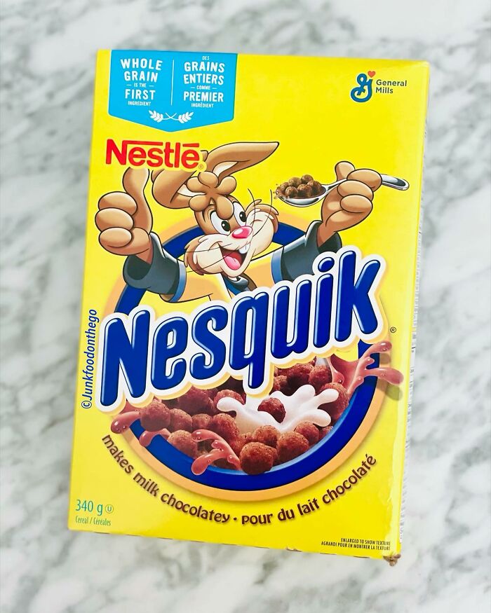 Nesquik cereal box from the 90s with colorful packaging and bunny mascot.