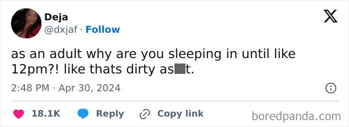 Tweet questioning adult sleep habits with humorous tone; mentions sleeping until 12pm as "dirty."