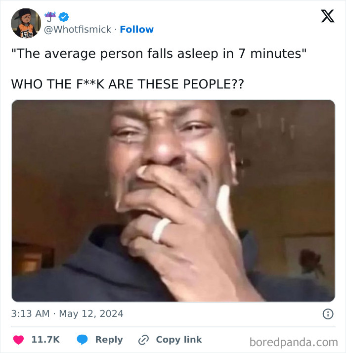 Close-up of a person laughing with text about falling asleep quickly, funny memes collection for entertainment.