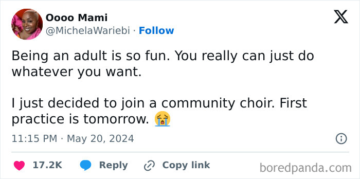 Social media post humorously depicting an adult's decision to join a community choir.