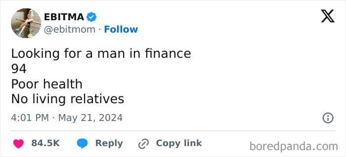 Humorous Resources meme: person seeks a finance man, aged 94, poor health, no relatives.