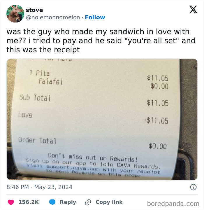 Receipt showing a pita falafel with "Love" deducted, humorous example of interesting receipts people found.