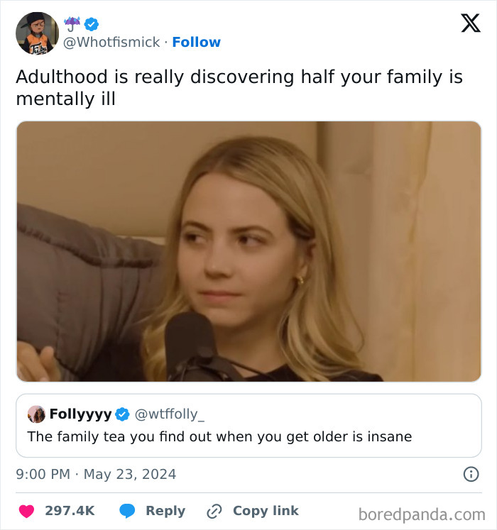 Woman smiling with amusement, reacting to hilarious adulthood posts about family discoveries.