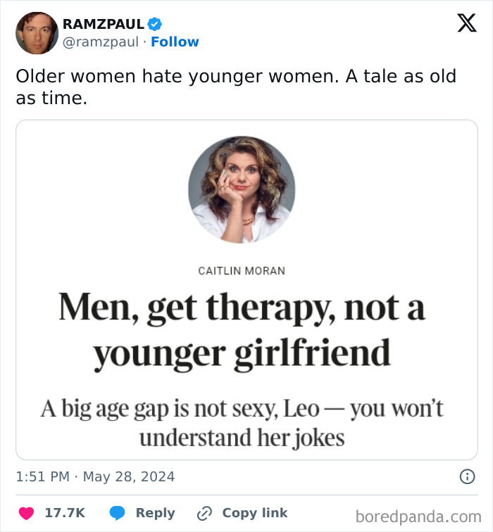 Tweet mocking misogynists with image of woman suggesting men get therapy instead of seeking younger girlfriends.