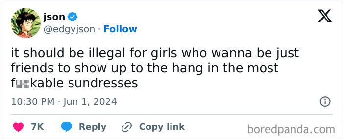 Screenshot of a tweet showcasing a clueless misogynist comment about women wearing sundresses.