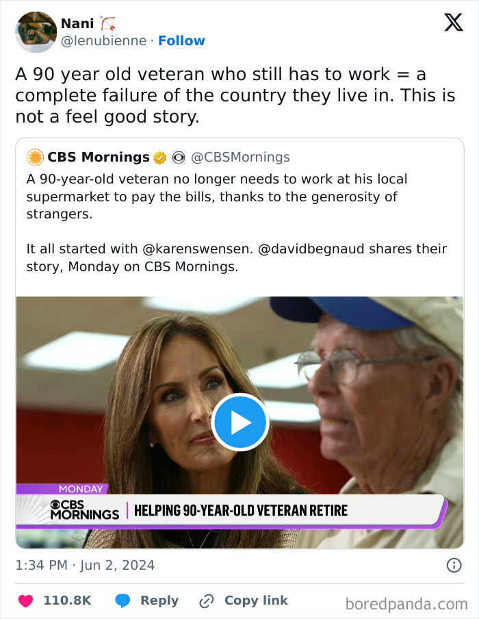 A 90-year-old veteran with shopping carts highlights issues of capitalism in America, sparking public discussion.