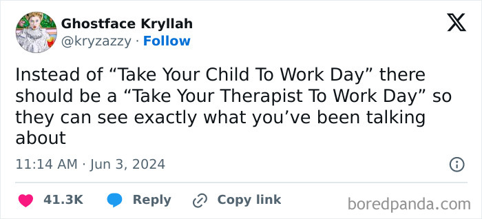 Tweet meme about "Take Your Therapist To Work Day," highlighting relatable workforce humor.