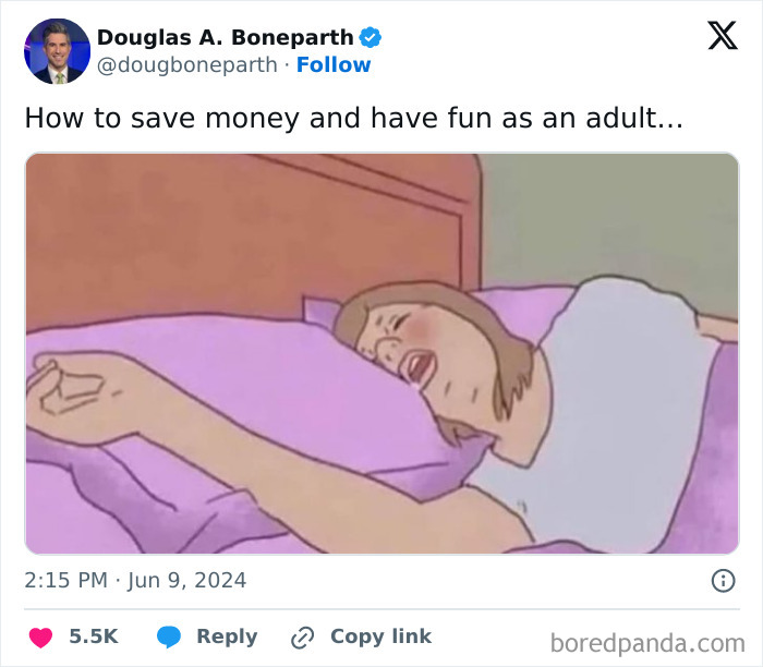 Illustration of adult sleeping with mouth open, humorously depicting adulthood challenges.