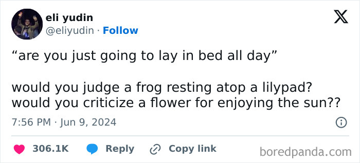 Positive meme tweet about resting, comparing laying in bed to a frog on a lilypad and a flower in the sun.
