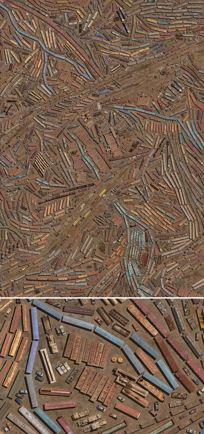 Aerial photo by Cássio Vasconcellos showing a dense arrangement of colorful, rectangular shapes resembling containers.