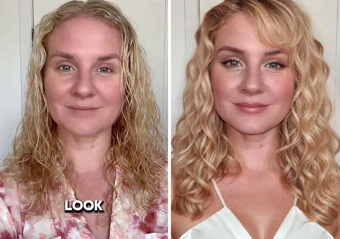 Before and after digital makeover by content creator, featuring hairstyle and makeup transformation.