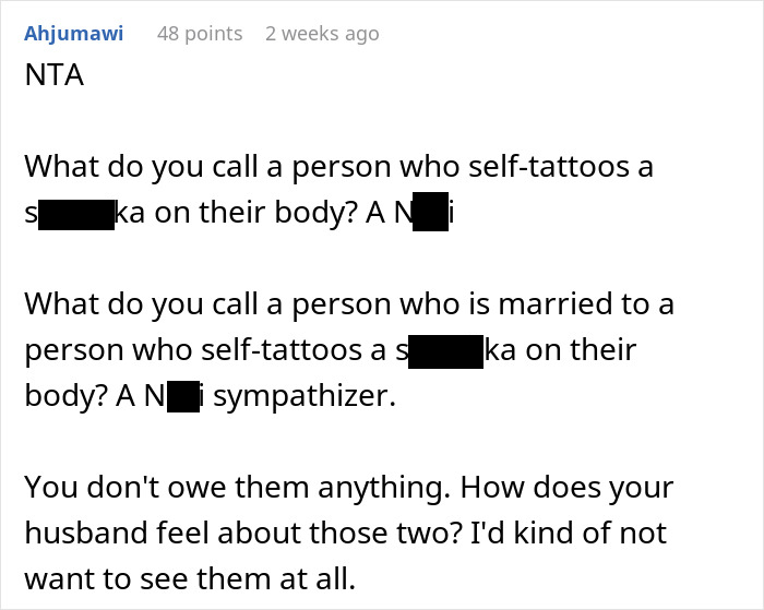 Text post on an online forum discussing a person's offensive tattoo and reactions. Text post on an online forum discussing a person's offensive tattoo and reactions.