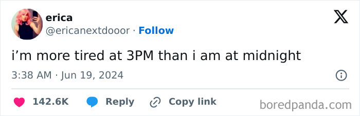 A random meme about feeling more tired at 3PM than at midnight.