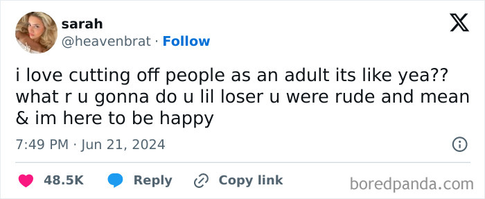 Social media post about the humorous aspects of adulthood, highlighting cutting off negative people for happiness.