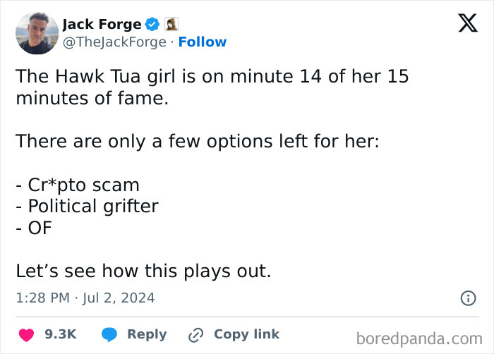 Tweet humorously predicts future actions for a girl near the end of her fame.