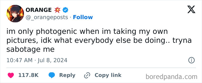 Funny meme about being photogenic when taking selfies, with social media engagement stats displayed below the text.