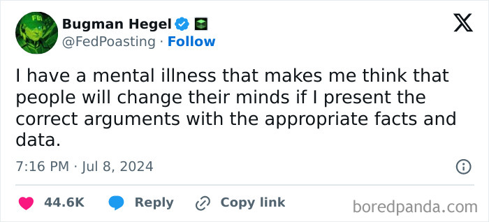 Tweet meme with humorous take on changing minds using facts and data for entertainment.