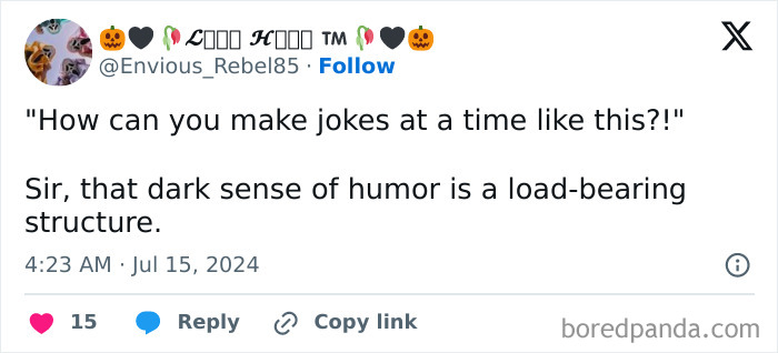 Dark humor meme about mental health with text: "That dark sense of humor is a load-bearing structure."