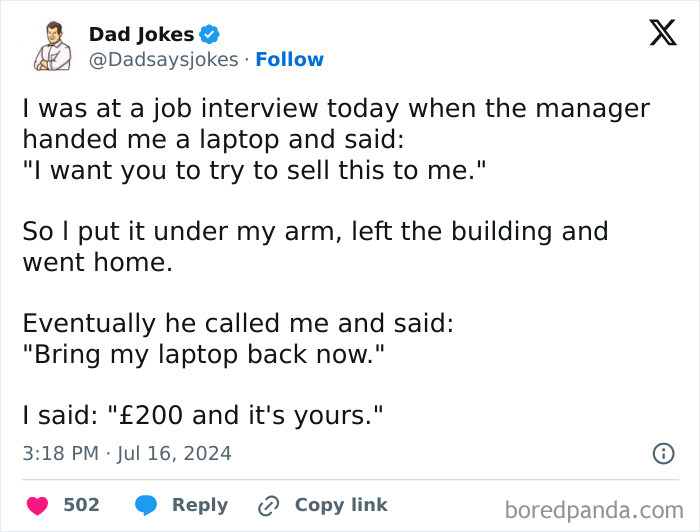 Tweet from Dad Jokes humorously illustrating a challenging job interview experience.