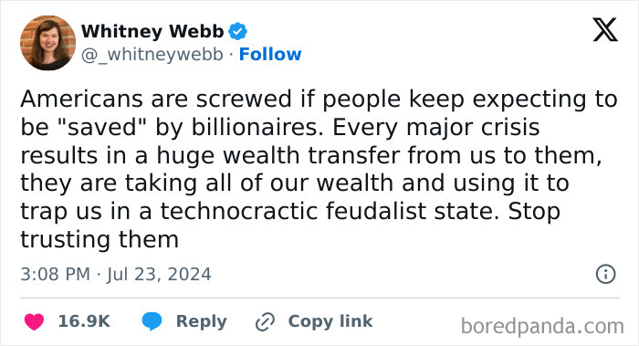 Tweet discussing capitalism issues in America, highlighting wealth transfer concerns and distrust in billionaires, posted by Whitney Webb.