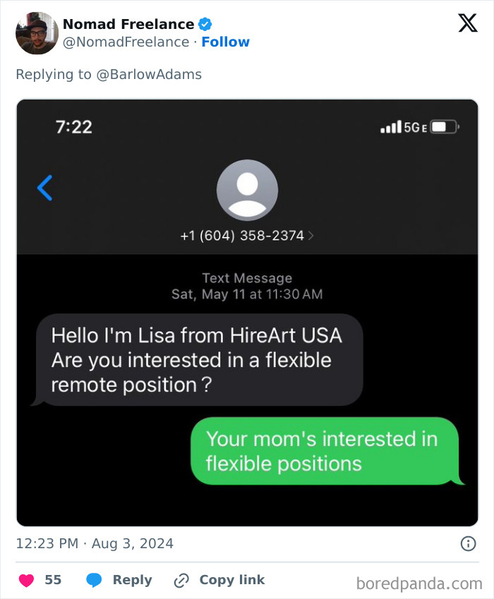 Text message exchange featuring funny scammer responses about a flexible remote position.