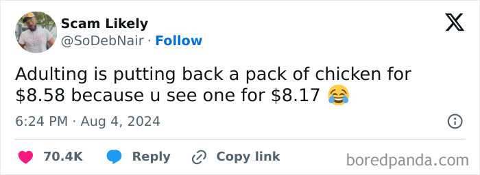 Funny tweet on adulthood about saving money on chicken packs.