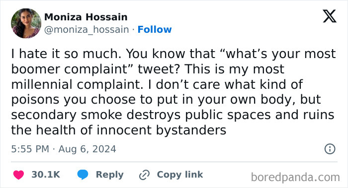 Tweet expressing honest millennial complaints about secondary smoke affecting public spaces and health.
