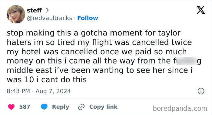 Text tweet about infuriating cancelled reservations for flights and hotel, expressing frustration over spending money.
