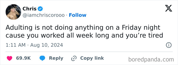Tweet about adulthood humor, mentioning the exhaustion of a Friday night after a long week.