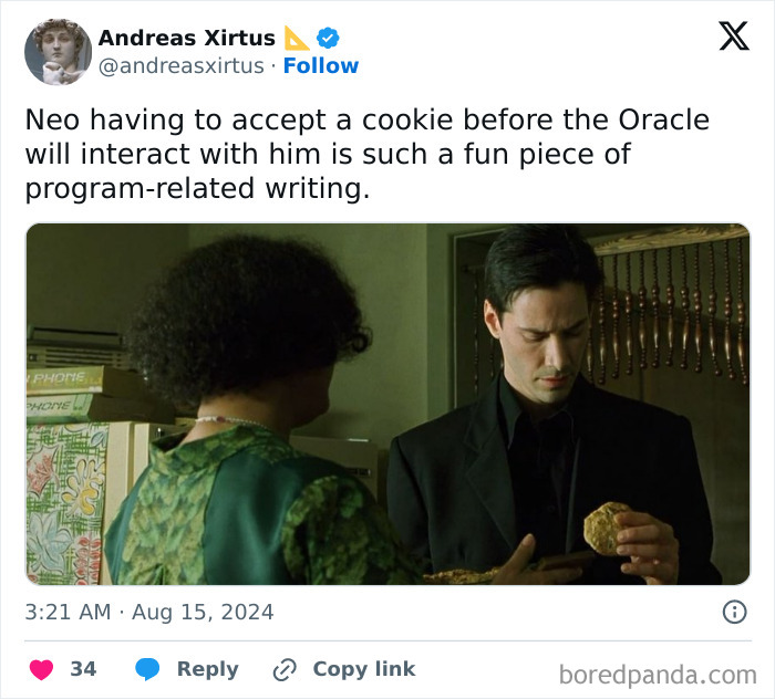 Neo receiving a cookie from the Oracle, humorous program-related scene, humorous image.