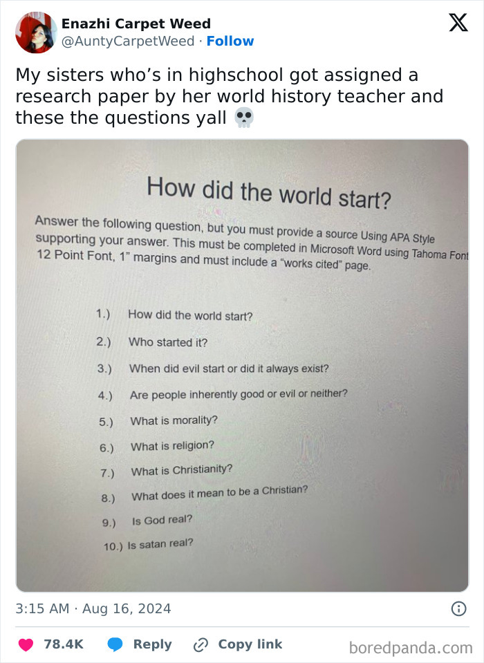 Research paper questions by frustrating teacher; questions cover theology, morality, and existence.