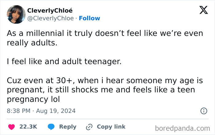 Screenshot of a tweet expressing Honest-Millennial-Complaints about adulthood and feeling shocked by pregnancies at over 30.
