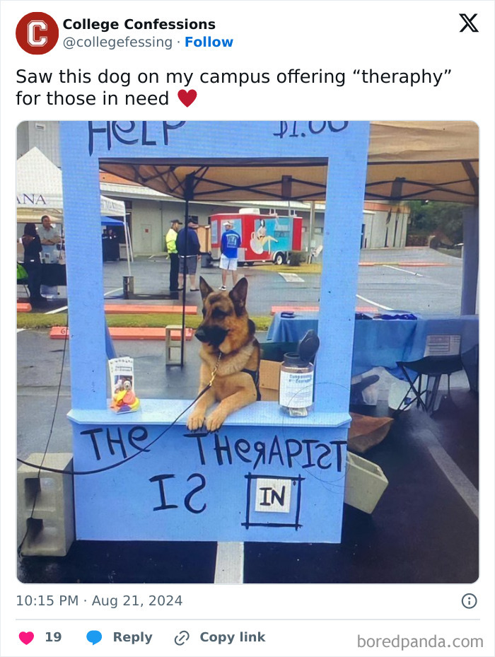 Dog at a campus booth offering humorous "therapist" services, with sign reading "Therapy Help $1.00."