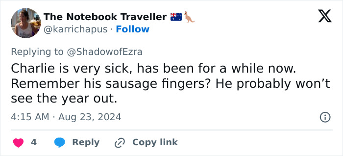 Tweet discussing concerns about King Charles' health and royal crisis.