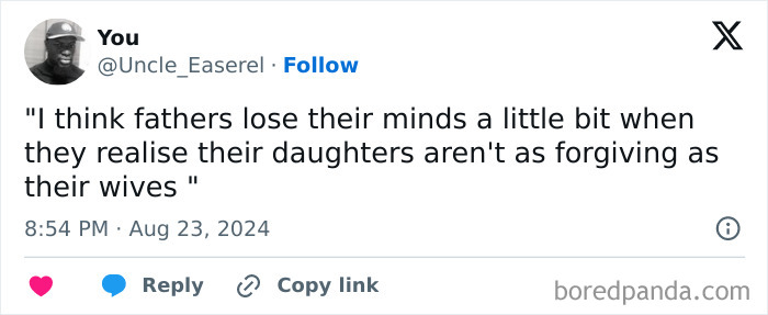 A tweet addressing social justice, discussing fathers, daughters, and forgiveness dynamics.