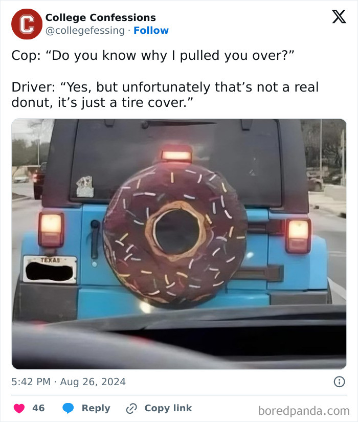 Jeep with donut-shaped tire cover and text about a cop's confusion, shared in funny college confessions meme.