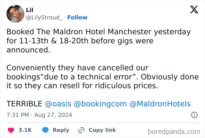 Tweet expressing frustration over infuriating cancelled reservations at a hotel, alleging technical error for reselling.