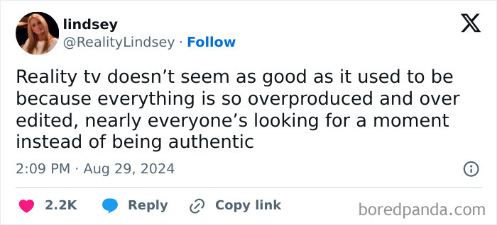 Tweet about Honest Millennial Complaints on reality TV being overproduced and lacking authenticity.