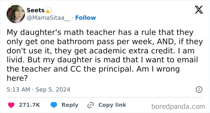 Tweet about a math teacher's controversial bathroom pass rule, sparking debate over infuriating teachers.